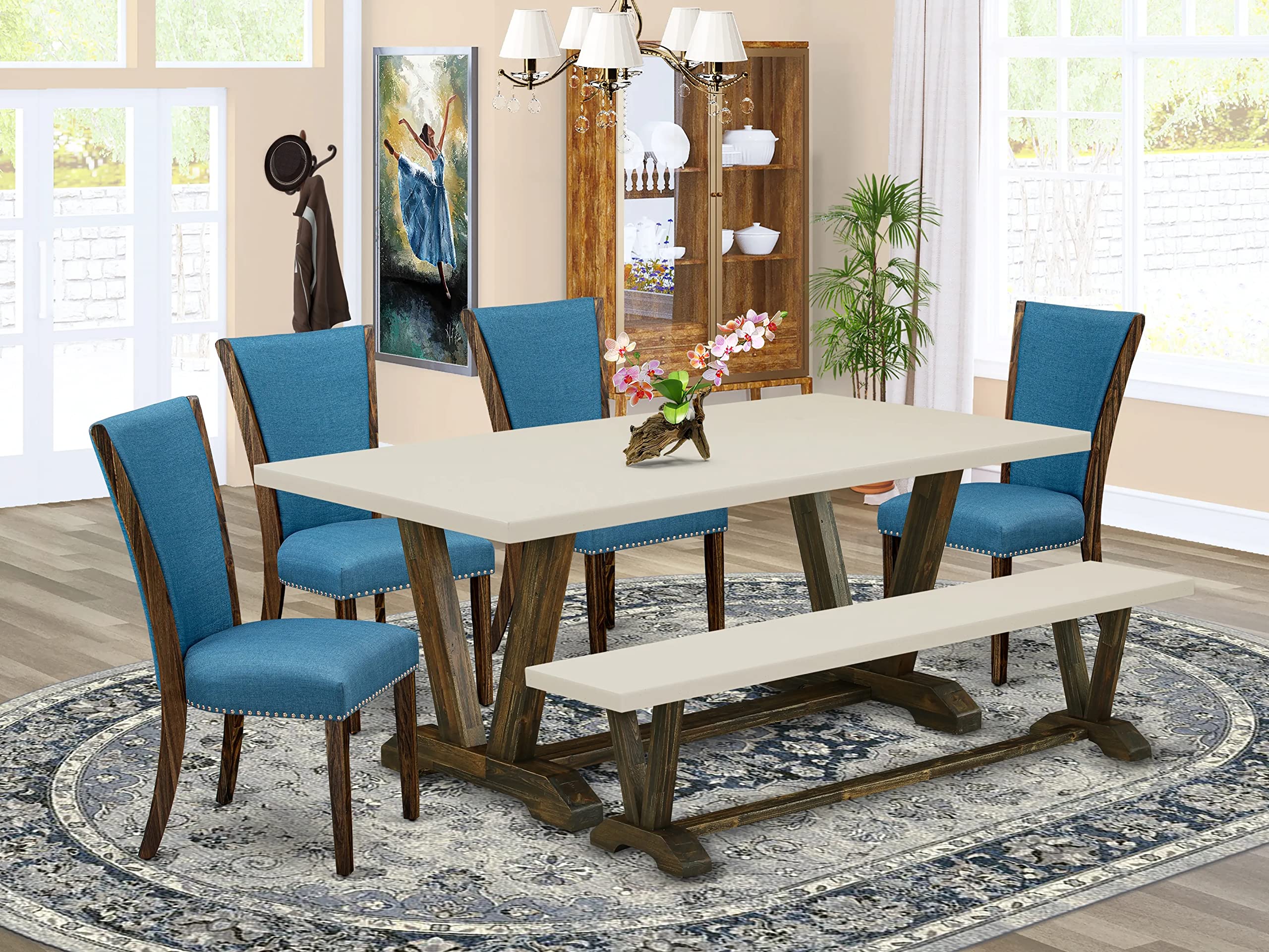 East West Furniture V-Style 6 Piece Set Contains a Rectangle Dining Room Table with V-Legs and 4 Blue Color Linen Fabric Parson Chairs with a Bench, 40x72 Inch, V727VE721-6